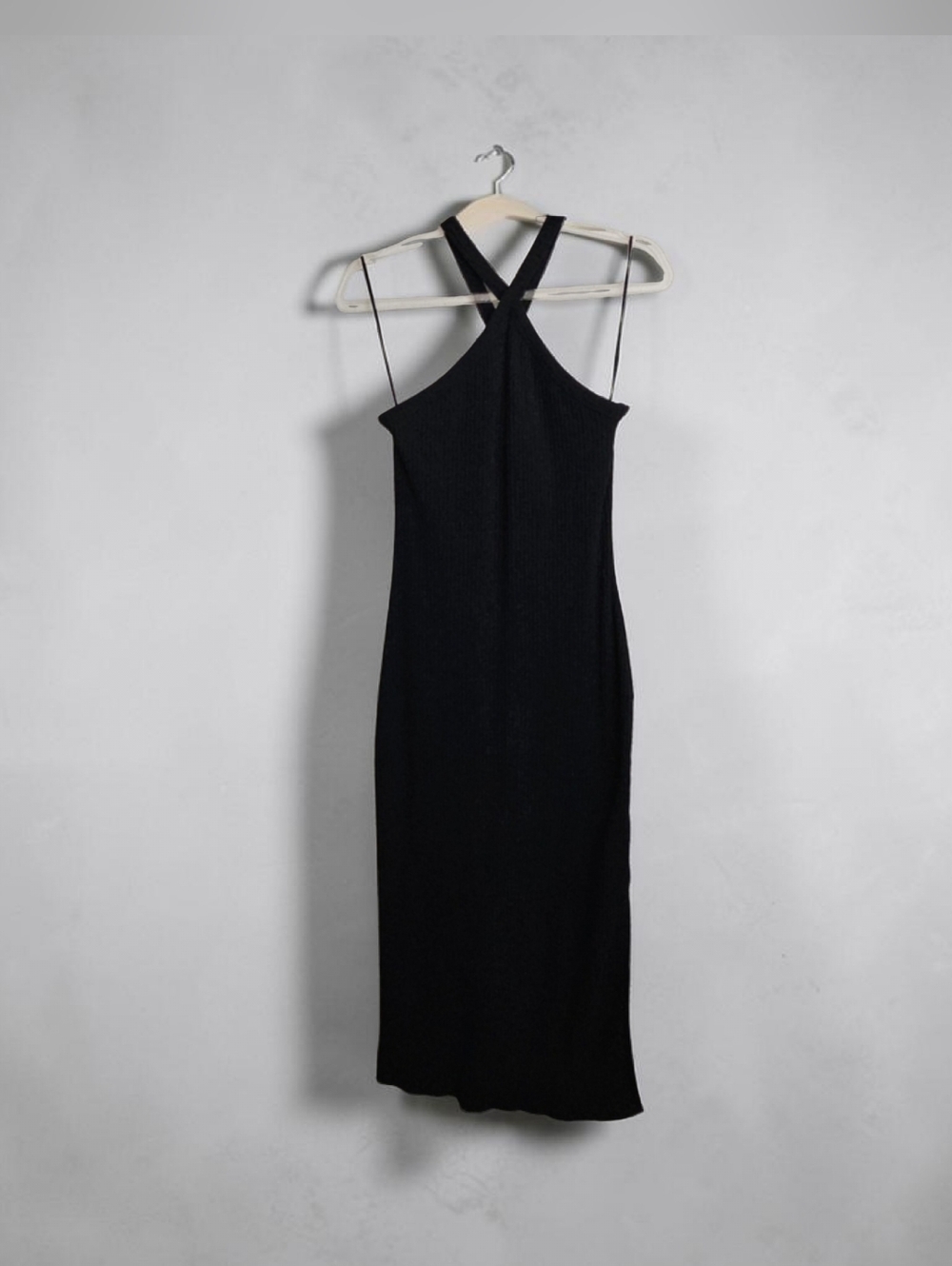 Old Navy Black Ribbed Halter Neck Midi Dress Size Medium Built-In Bra Side Slit